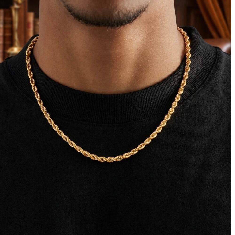 4MM 18K Stamp, 18K Gold plated Necklaces  rope chain 20 inches Does not fade